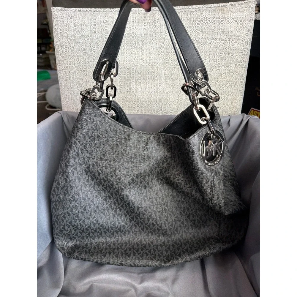 Michael Kors Fulton Hobo Bag Black Signature Logo Canvas Silver Chain Large
